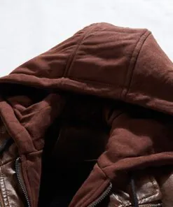 Men's Slim Fit Bomber Hoodie Brown Biker Leather Jacket - Image 4