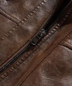 Men's Slim Fit Bomber Hoodie Brown Biker Leather Jacket - Image 3