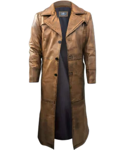 Brown Trench Coat, Distressed Leather, Vintage Style, Below Knee Long Coat