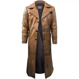 Brown Trench Coat, Distressed Leather, Vintage Style, Below Knee Long Coat