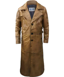 Brown Trench Coat, Distressed Leather, Vintage Style, Below Knee Long Coat - Image 4