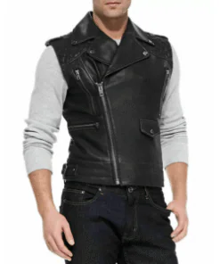 Men's Slim Fit Quilted Brando Style Black Genuine Lambskin Leather Vest Jacket