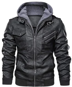 Hood Crew Men’s Casual Stand Collar Real Leather Bomber Jacket With a Removable Hood - Image 4