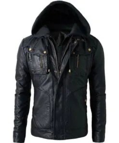 Men's Black Biker Distressed Hooded Leather Genuine Jacket with Detachable Hoodie