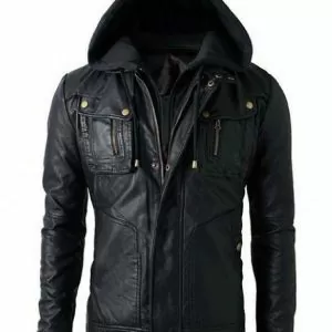Men's Black Biker Distressed Hooded Leather Genuine Jacket with Detachable Hoodie