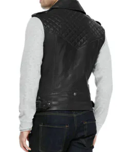 Men's Slim Fit Quilted Brando Style Black Genuine Lambskin Leather Vest Jacket - Image 3