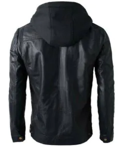 Alternative view of Men's Black Biker Distressed Hooded Leather Genuine Jacket with Detachable Hoodie