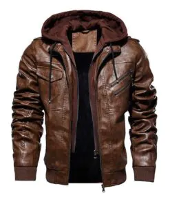 Men's Slim Fit Bomber Hoodie Brown Biker Leather Jacket