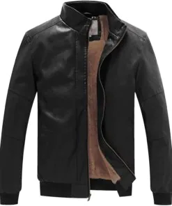 Men's Stand Collar Fleece Lined Bomber Faux Leather Jacket