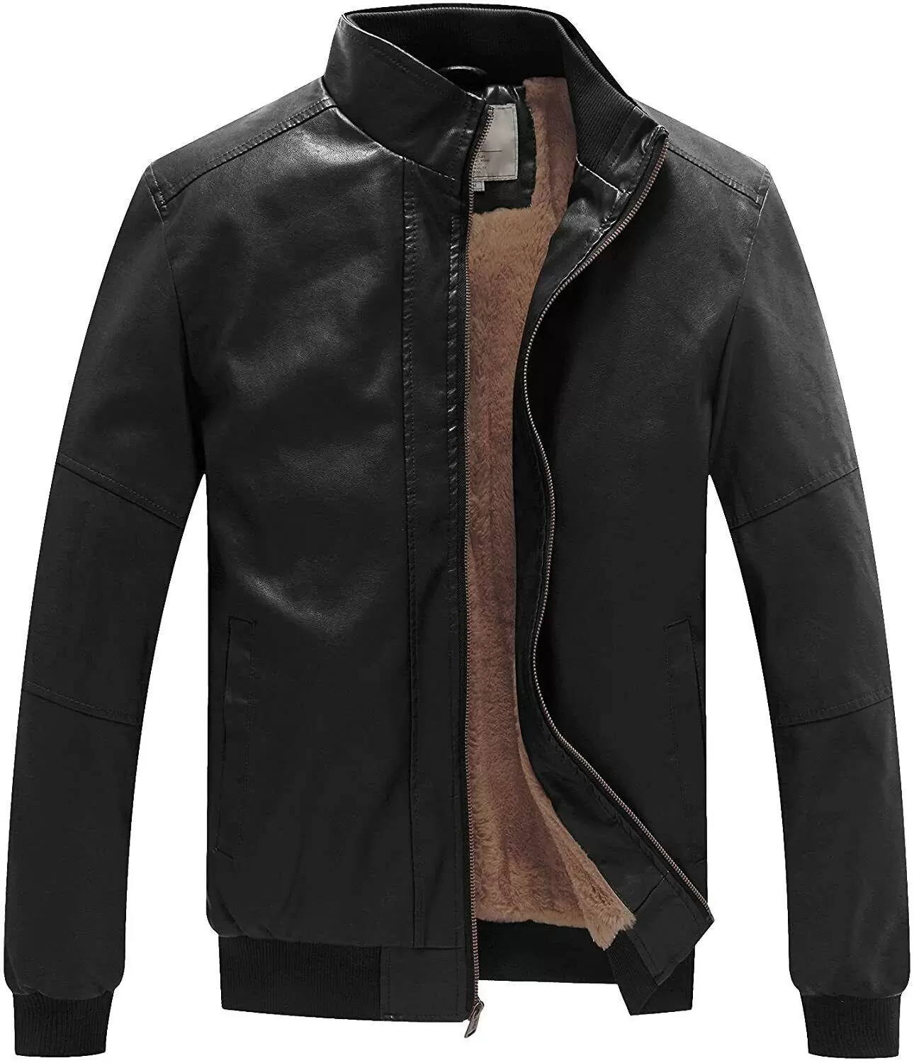 Men's Stand Collar Fleece Lined Bomber Faux Leather Jacket