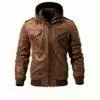 BROWN LEATHER MOTORCYCLE & BIKER JACKET FOR MEN WITH REMOVABLE HOOD