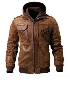 BROWN LEATHER MOTORCYCLE & BIKER JACKET FOR MEN WITH REMOVABLE HOOD