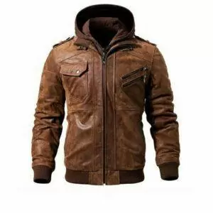 BROWN LEATHER MOTORCYCLE & BIKER JACKET FOR MEN WITH REMOVABLE HOOD