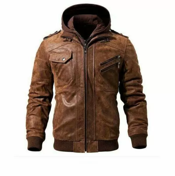 BROWN LEATHER MOTORCYCLE & BIKER JACKET FOR MEN WITH REMOVABLE HOOD