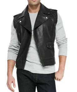 Alternative view of Men's Slim Fit Quilted Brando Style Black Genuine Lambskin Leather Vest Jacket