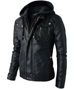 Men's Black Biker Distressed Hooded Leather Genuine Jacket with Detachable Hoodie - Image 3