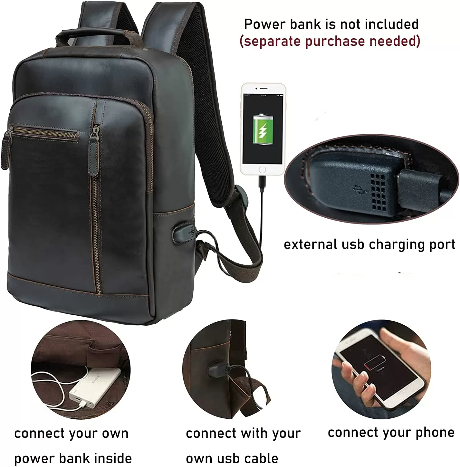 built in USB charger cable in leather bag for college