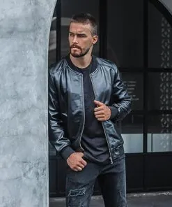 Leather Bomber Jacket - Genuine Sheepskin For Men in Black - Image 5