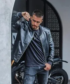 Leather Bomber Jacket - Genuine Sheepskin For Men in Black - Image 4
