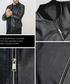 Leather Bomber Jacket - Genuine Sheepskin For Men in Black - Image 6