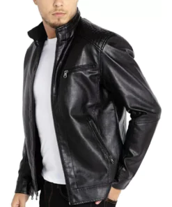 Men's Stand Collar Black Biker Leather Jacket Lightweight Real Leather Outwear