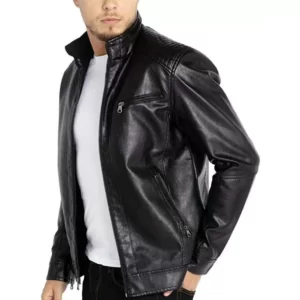 Men's Stand Collar Black Biker Leather Jacket Lightweight Real Leather Outwear