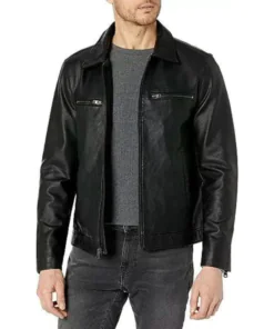 Black Leather Laydown Collar Racer Jacket for Men
