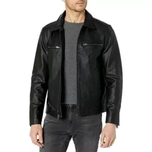 Black Leather Laydown Collar Racer Jacket for Men