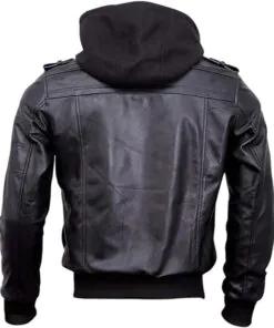 Bomber Genuine Leather Men's Jacket Hooded - Black and Brown - Image 3
