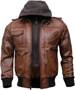 Bomber Genuine Leather Men's Jacket Hooded - Black and Brown - Image 4