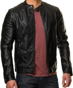 Biker Men’s Real Leather Black Bomber Jacket