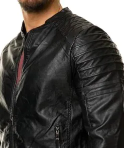 Biker Men's Real Leather Black Bomber Jacket - Image 3