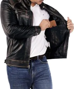 Lambskin Leather Jacket - Men's Casual Style Café Racer Real Quilted Style for Motorcycle - Image 3
