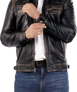 Lambskin Leather Jacket - Men's Casual Style Café Racer Real Quilted Style for Motorcycle - Image 6