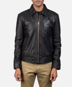 Black Bomber Leather Jacket - Image 3