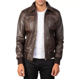 Mens Brown Leather Bomber Jacket