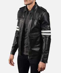 Black Bomber Leather Jacket For Mens - Image 3