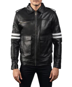 Black Bomber Leather Jacket For Mens