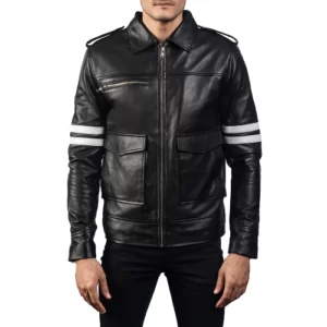 Black Bomber Leather Jacket For Mens