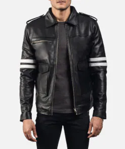 Black Bomber Leather Jacket For Mens - Image 5