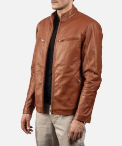 Brown Leather Biker Bomber Jacket - Image 4