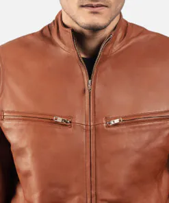 Brown Leather Biker Bomber Jacket - Image 5