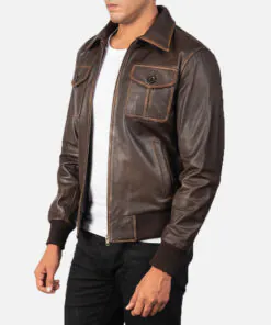 Mens' Aaron Brown Leather Bomber Jacket - Image 3
