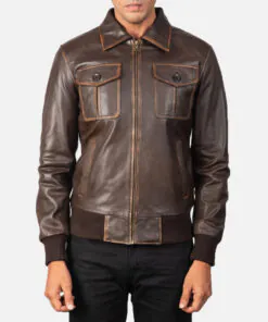 Mens' Aaron Brown Leather Bomber Jacket - Image 5