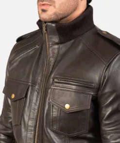Agent Shadow Mens Brown Leather Bomber Jacket - Image 3