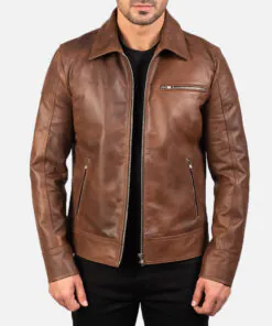 Bomber Brown Leather Biker Jacket - Image 4