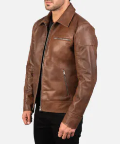 Bomber Brown Leather Biker Jacket - Image 3