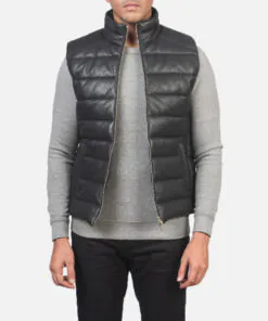 Mens Black Leather Puffer Vest - Image 4