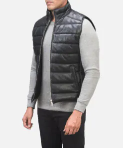 Mens Black Leather Puffer Vest - Image 3