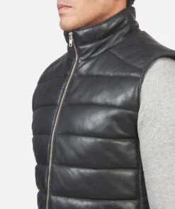 Mens Black Leather Puffer Vest - Image 5